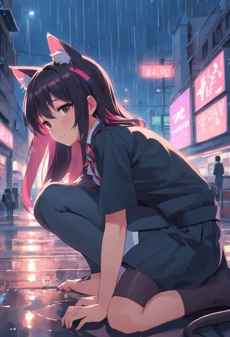 Female, black and pink hair, long hair, cat ears, fluffy and long tail, wearing a school uniform. Sleeping during the rain