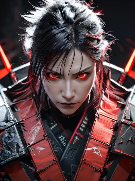 1 male,stern expression,red glowing eyes,samurai,electromagnetic blade,cyborg,cyber punk,realistic, sharp details, Intricでe details, ultra-realistic,digitally enhanced,3D References , 8K resolution, unapologetic grit, exposed exposed,sharp focus , UHD, 8K