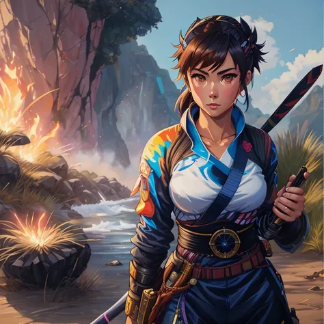 pintura de uma mulher vestida de quimono segurando uma espada, samurai feminino, inspirado em Josetsu, makoto shinkai ( apex legends ), Rob Rey and Kentarõ Miura style, Arte digital detalhada em 4k, pintura detalhada 4k, painted in anime painter studio, ma...