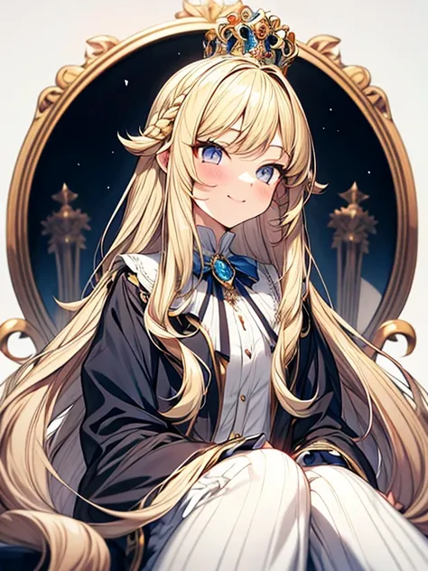 long hair, Princess Haircuts, blonde hair, Bree Eyes, happy girl, cool girl, high school girl, royal, portrait, aristocratic clothes, Peaceful girl