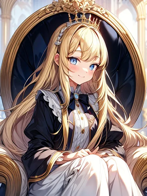 long hair, Princess Haircuts, blonde hair, Bree Eyes, happy girl, cool girl, high school girl, royal, portrait, aristocratic clothes, Peaceful girl