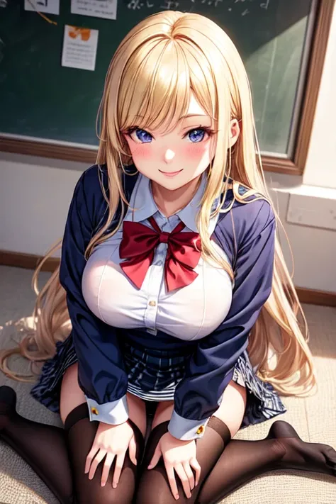 Marina Takikawa blonde anime this porcelain doll fell in love with a smile and love on her face, in a school uniform half exposing her large breasts and beautiful long hair, sitting doggy style on the floor at full height in stockings in a checkered skirt ...