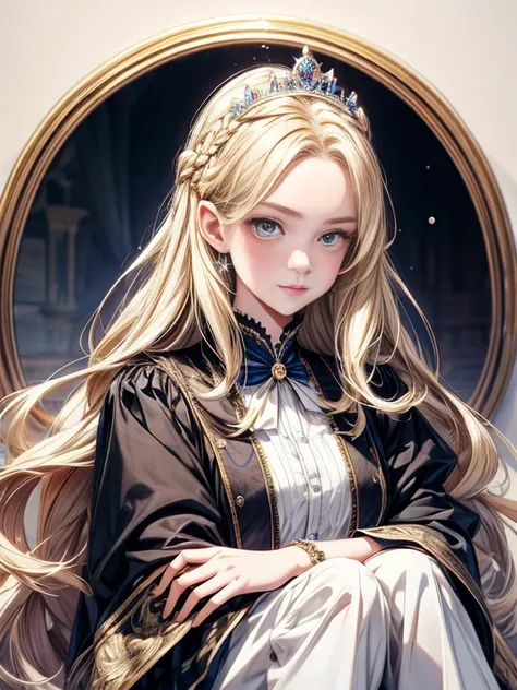 long hair, Princess Haircuts, blonde hair, Bree Eyes, happy girl, cool girl, high school girl, royal, portrait, aristocratic clothes, Peaceful girl