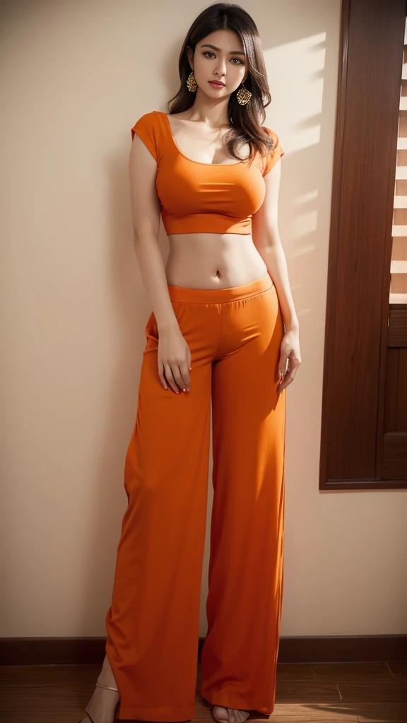 a woman in a orange top and pants posing for a photo, indian, traditional beauty, lovely woman, sexy movie photo, very very beautiful woman, indian goddess, sexy girl, very attractive and beautiful, very beautiful woman, sexy girl with dark complexion, gor...