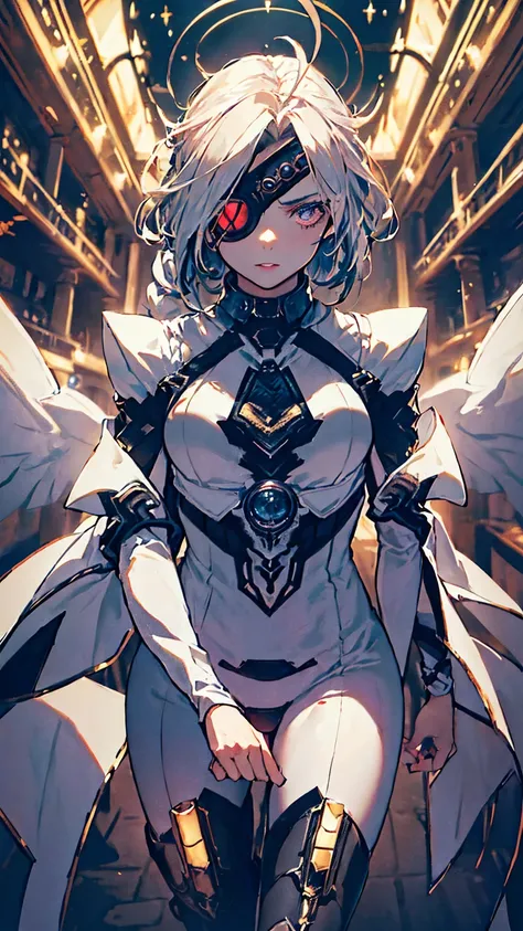 1girl, (detailed eyes, eye patch), (detailed lips), (intense expression), (exquisite face), (mechanical, futuristic armor), (summoning a giant sword), (in a dark temple), (majestic atmosphere), (masterpiece:1.2), (ultra-detailed), (realistic:1.37), (studio...