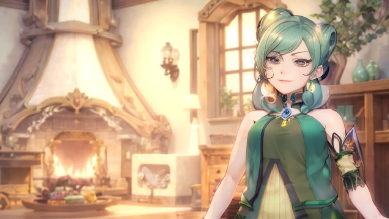 anime - style image of a woman in a green dress standing in a room, beautiful screenshot, stylized anime, atelier lulua, smooth anime cg art, anime styled 3d, close up character, render of a cute 3d anime girl, final fantasy 14 style, style game square eni...