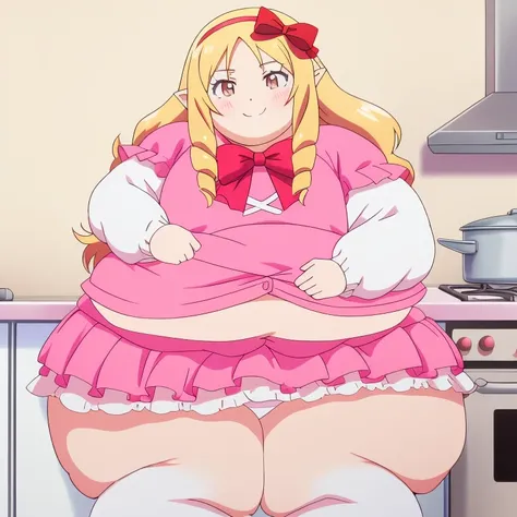 immobile yamada elf, pink dress, white panties, very obese body, cute, fat belly, big cheek, thick thighs, hairband, long_hair, red_bow, , 8k, closed kitchen, masterpiece, absurdres, anime, smile