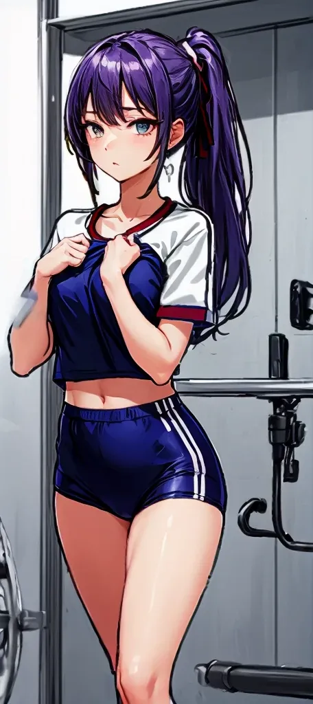 A beautiful woman with a mature face, her long mauve-purple hair tied into a ponytail with a pale pink ribbon, is standing there wearing white gym clothes and navy blue bloomers shaped like panties.。school playground。