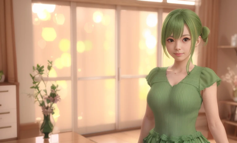 anime - style image of a woman in a green dress standing in a room, beautiful screenshot, stylized anime, atelier lulua, smooth anime cg art, anime styled 3d, close up character, render of a cute 3d anime girl, final fantasy 14 style, style game square eni...