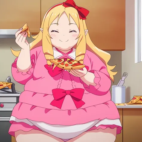 immobile yamada elf, pink dress, white panties, very obese body, cute, big cheek, thick thighs, hairband, long_hair, red_bow, , ...