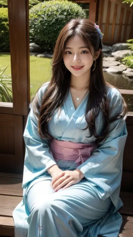 beautiful japanese woman、21 years old、Relax in a Japanese-style garden。she is wearing kimono、Smiling and sitting with legs crossed。Colorful earrings and a delicate necklace complement her outfit.。