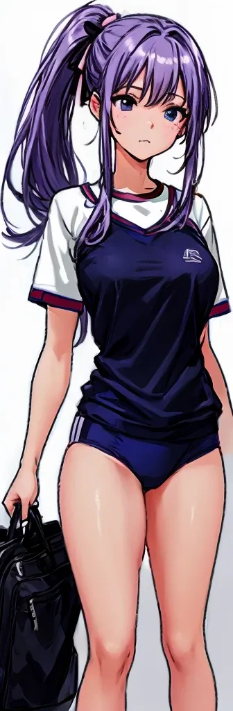 A beautiful woman with a mature face, her long mauve-purple hair tied into a ponytail with a pale pink ribbon, is standing there wearing white gym clothes and navy blue bloomers shaped like panties.。school playground。