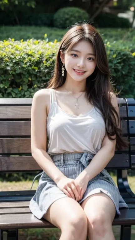 A 21-year-old Japanese woman with a bright smile is sitting on a park bench。she wears fashionable clothes、Cross your legs gracefully、Decorated with bright earrings and necklaces。