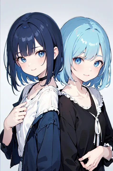 (masterpiece), (best quality), (ultra detailed),(disheveled hair),(illustration), ((twins sisters, blue hair)(2woman)), short hair, standing, Fashion model ( modern clothes)( black clothes), looking at viewer, (interview), (casual background),beautiful blu...