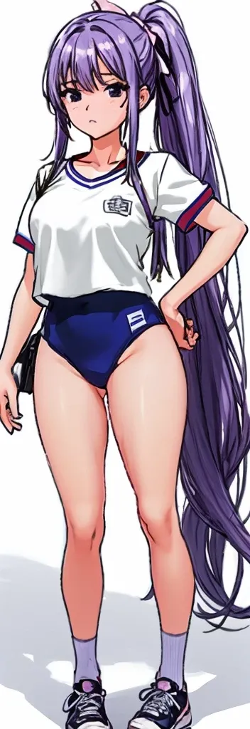 A beautiful woman with long mauve purple hair tied into a ponytail with a light pink ribbon and a mature face with beautiful legs is standing in white gym clothes and navy blue bloomers shaped like panties.。school playground。