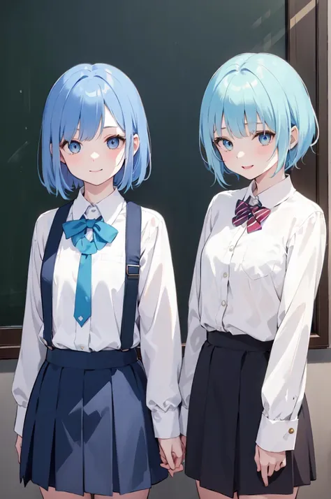 (masterpiece), (best quality), (ultra detailed),(disheveled hair),(illustration), ((twins sisters, blue hair)(2woman)), short hair, standing, Fashion model ( school uniform clothes), looking at viewer, (interview), (casual school background),beautiful blue...