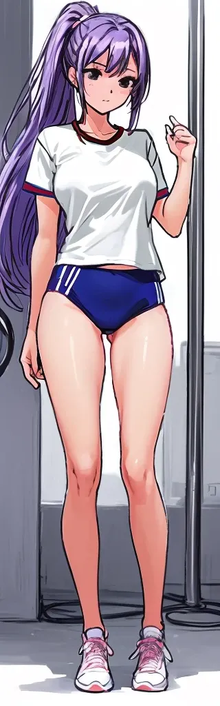 A tall beautiful woman with a mature face and beautiful legs, her long mauve-purple hair tied into a ponytail with a light pink ribbon, is standing in white gym clothes and navy blue bloomers shaped like panties.。school playground。