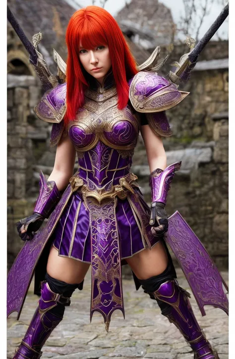 Red hair, purple armor, light bearer karoriors, medieval city, dark, fighting, epic, karo, Surrealism, 8k, Super details, karo, fighting against demons, darkness, fear, rain