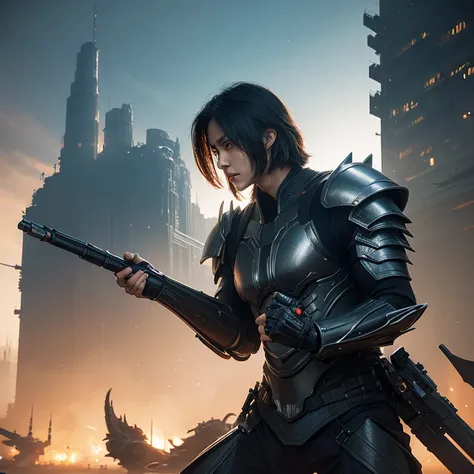 The male protagonist of science fiction and martial arts novels is handsome and has short hair.，Tall, technological battle armor, futuristic city elements, realistic oil painting, close-up