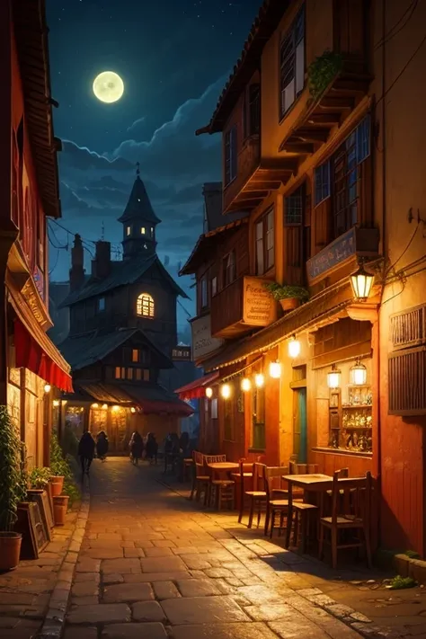 Pub in slum district at night, medieval, higly detailed