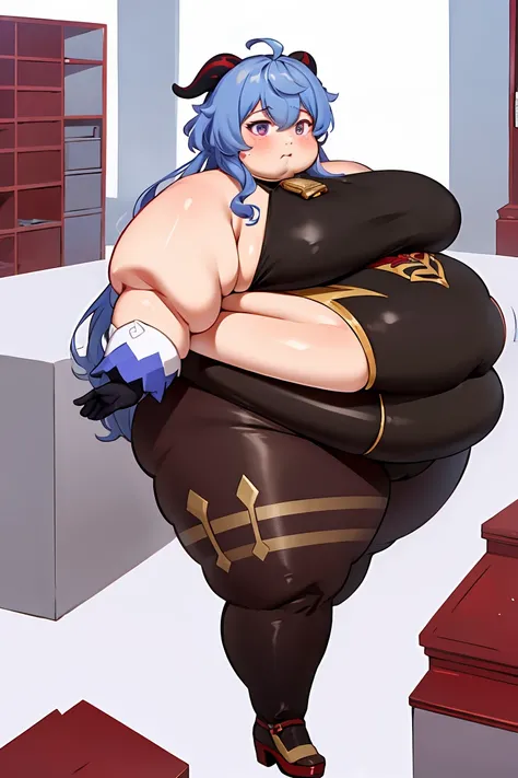 fat body, fat arms, masterpiece, best quality, 1girl, solo, fat belly, thick thighs, long hair, breasts, looking at viewer, big cheeks, cute and fat face, bangs, gloves, bare shoulders, fat neck, medium breasts, cute pose, blue hair, purple eyes, pantyhose...