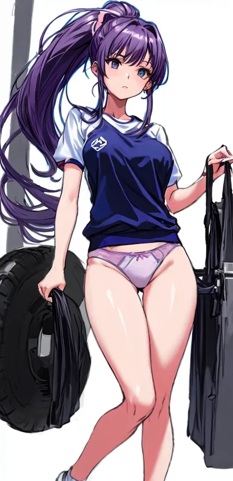 A tall beautiful woman with a mature face and beautiful legs, her long mauve-purple hair tied into a ponytail with a light pink ribbon, is standing in white gym clothes and navy blue bloomers shaped like panties.。school playground。