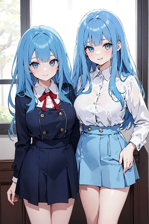 (masterpiece), (best quality), (ultra detailed),(dishevelled hair),(illustration), ((twins sisters, blue hair)(2woman)), long hair, standing, Fashion model ( school uniform clothes), looking at viewer, (interview), (casual school background),beautiful blue...