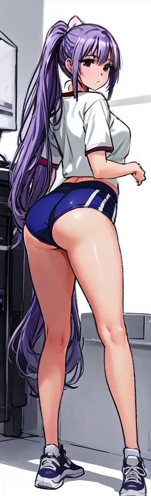 A tall beautiful woman with a mature face and beautiful legs, her long mauve-purple hair tied into a ponytail with a light pink ribbon, is standing in white gym clothes and navy blue bloomers shaped like panties.。school playground。