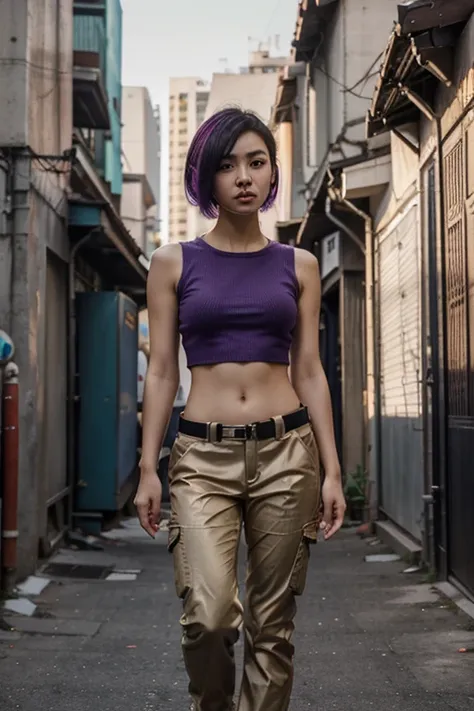 Full body, standing, (RAW photo, highest quality), (realistic, photorealistic) Fei Liang 25 year old Asian girl,  beautilul and very detailed face, thin and sexy body, punk haircut, black hair with a purple streak, looking at the camera, wearing a tight ca...