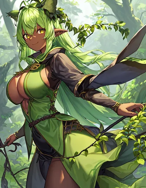 ファンタジー, 1forest_elemental_girl, 格闘, (using_leaves_clothes, green_leaves_covered_breasts, leaves_covered_pussy)+++,big_tits,dynamic_pose_standing, light_smile, 眠い, medium_hair, へそ,(dark_skin)+, オイル, (winding_vine_around_torso)++, (ふっくらと)+,森, trees_backgroun...