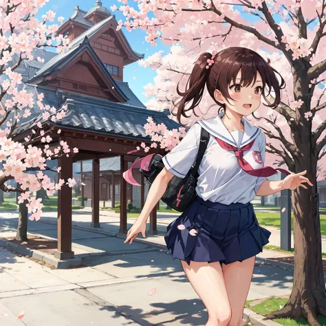 (masterpiece, best quality)  girl in school uniform running, cherry blossoms trees