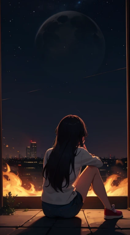 Devastated towns, fire, firestorms, midnight, 1girl sitting on ground, focus on back, long hair, ((pee))