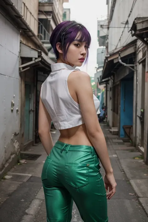 Full body, standing, behind shoot, (RAW photo, highest quality), (realistic, photorealistic) Fei Liang 25 year old Asian girl, beautilul and very detailed face, thin and sexy body, punk haircut, black hair with a purple streak, from behind, looking at the ...