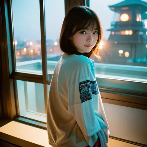 The face of a young, beautiful Japanese female idol standing by the window and posing like a model. Focal length 100mmf/2.8, early winter night, living room on the upper floor of a tower apartment, plain T-shirt and shorts, close-up of eyes, film quality.