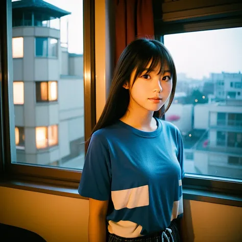 The face of a young, beautiful Japanese female idol standing by the window and posing like a model. Focal length 100mmf/2.8, early winter night, living room on the upper floor of a tower apartment, plain T-shirt and shorts, close-up of eyes, film quality.