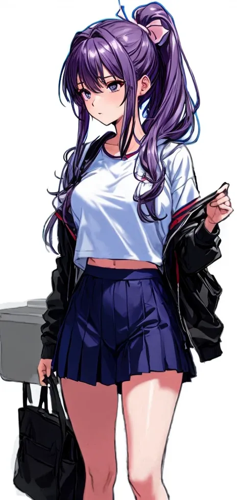 A tall beautiful woman with a mature face and beautiful legs, her long mauve-purple hair tied into a ponytail with a light pink ribbon, is standing in white gym clothes and navy blue bloomers shaped like panties.。school playground。