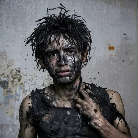 A battered boy covered in soot from a compound explosion.