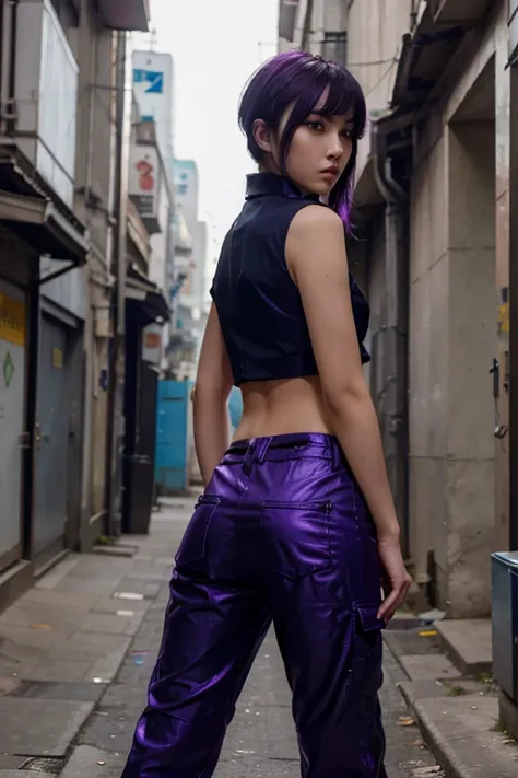 Full body, standing, behind shoot, (RAW photo, highest quality), (realistic, photorealistic) Fei Liang 25 year old Asian girl, beautilul and very detailed face, thin and sexy body, punk haircut, black hair with a purple streak, from behind, looking at the ...