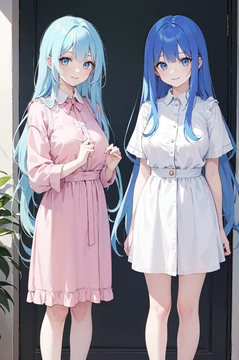 (masterpiece), (best quality), (ultra detailed),(dishevelled hair),(illustration), ((twins sisters, blue hair)(2woman)), long hair, standing, Fashion model ( pink ying yang clothes), looking at viewer, (interview), (casual school background),beautiful blue...