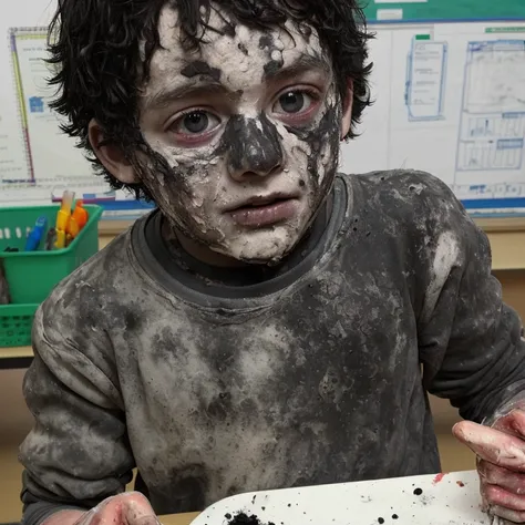 The science room mixture exploded and the boy was covered in soot and battered.