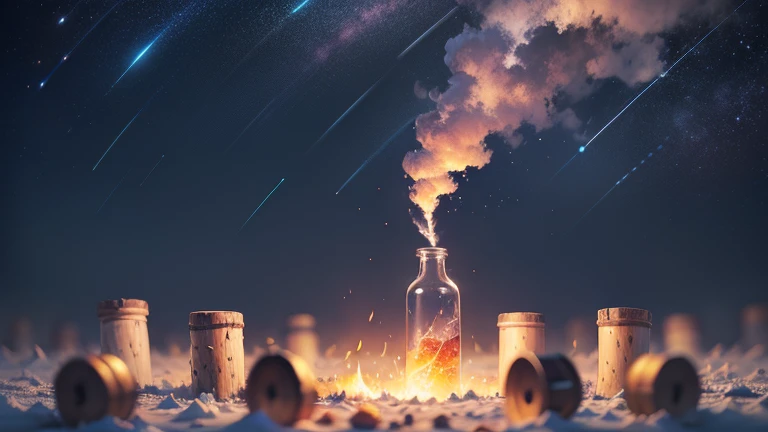 ((best quality)), ((masterpiece)), (detailed), , realistic fantasy, Large area landscape ultrasound photography (common opinion, which shows a Glass Glass bottle, Glass, ice, fire), Corks lying around, Dawn dissolves in the bottle, meteor shower, blurred b...