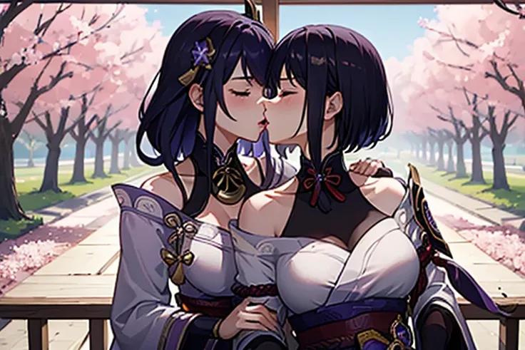 (masterpiece, best quality), 2girls, kissing, kiss, yuri, hugging each other, (upper body:1.3), closed eyes, (naked:1.2), standing, window, cherry blossoms background, sakura, windy, blush, embarrassed, BREAK kujousaradef, kujousararnd, BREAK raidenshogund...