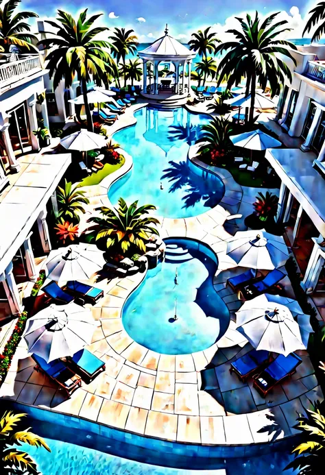 (best quality,4k,8k,highres,masterpiece:1.2),ultra-detailed,(realistic,photorealistic,photo-realistic:1.37),luxurious poolside lounge area at a 5-star resort,white cabanas,sun umbrellas,lounge chairs,sparkling pool, palm trees,tropical flowers,relaxation,l...