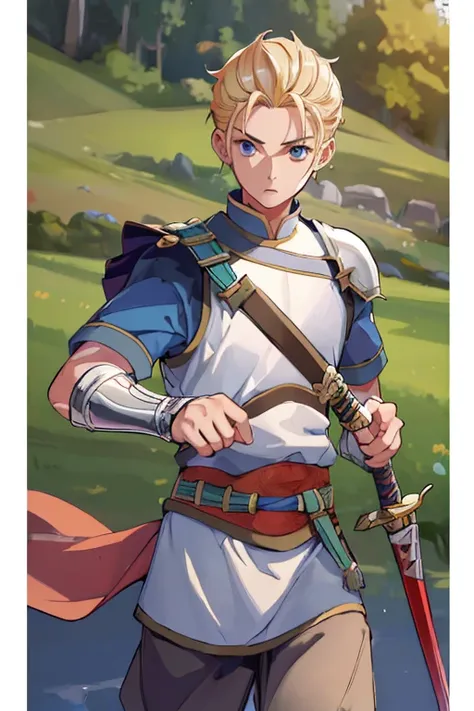 (highest quality, masterpiece, RAW photo,super detailed:1.2), boy,Brave,blonde,swordsman