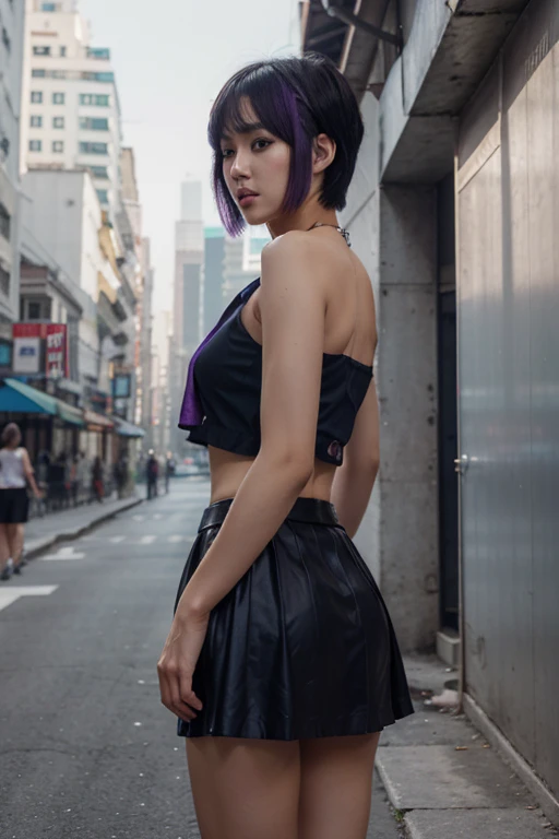 Full body, standing, behind shoot, (RAW photo, highest quality), (realistic, photorealistic) Fei Liang 25 year old Asian girl, beautilul and very detailed face, thin and sexy body, punk haircut, short hair, hair above the shoulder, loose hair. black hair w...