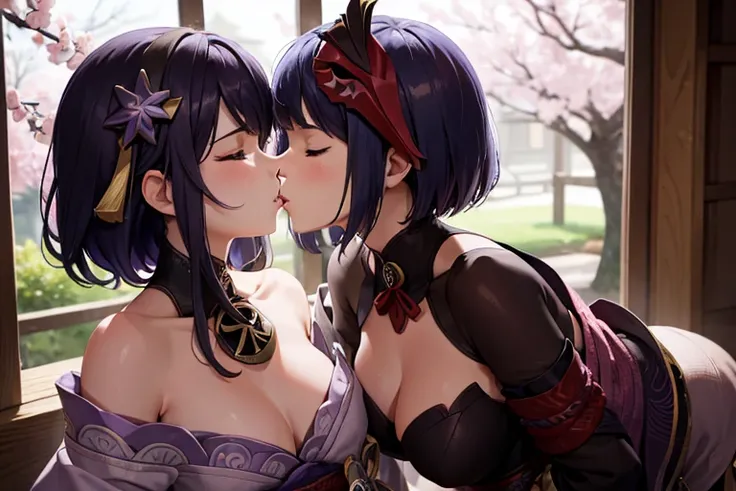 (masterpiece, best quality), 2girls, kissing, kiss, yuri, hugging each other, (upper body:1.3), closed eyes, (naked:1.2), standing, window, cherry blossoms background, sakura, windy, blush, embarrassed, BREAK kujousaradef, kujousararnd, BREAK raidenshogund...