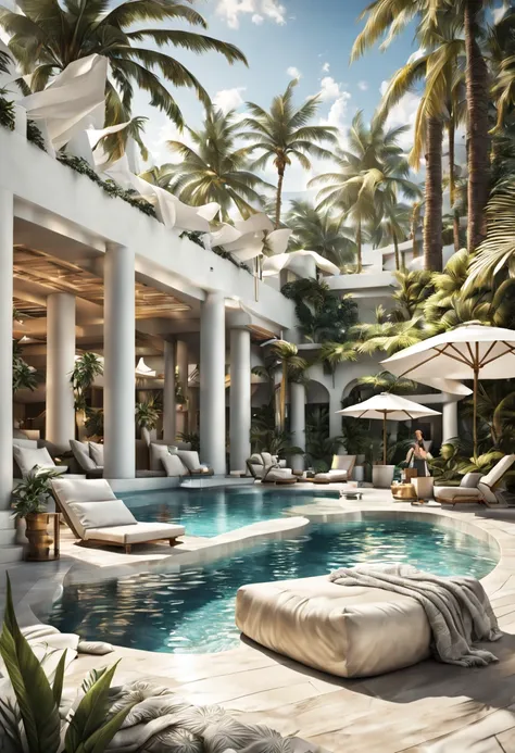 (best quality,4k,8k,highres,masterpiece:1.2),ultra-detailed,(realistic,photorealistic,photo-realistic:1.37),luxurious poolside lounge area at a 5-star resort,white cabanas,sun umbrellas,lounge chairs,sparkling pool,palm trees,tropical flowers,relaxation,lu...