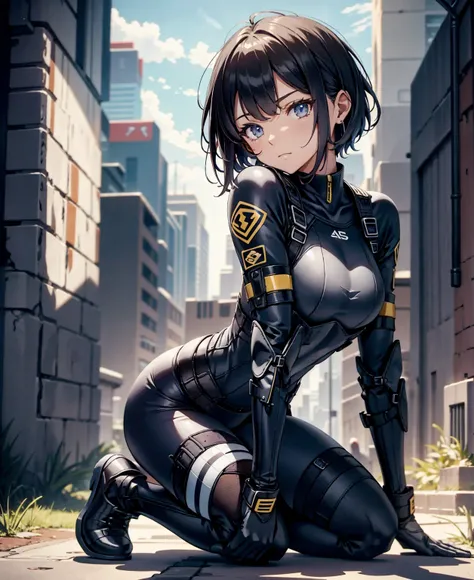 best quality，T Masterpiece，ultimate resolution，fluff，very colorful，colorful，female combatant，（kneeling pose）（pointing at you with his butt）mature woman，Black Super Short Hair，tight combat uniform，tight suit，Steel City Background，night，normal posture，normal...