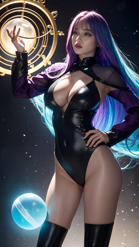 Masterpiece, best quality, 1girl, with long flowing iridescent hair in shades of purple, blue, and green, wearing a sleek black bodysuit, standing in a dramatic pose with one hand on her hip and the other holding a glowing, magical crystal ball. In the bac...