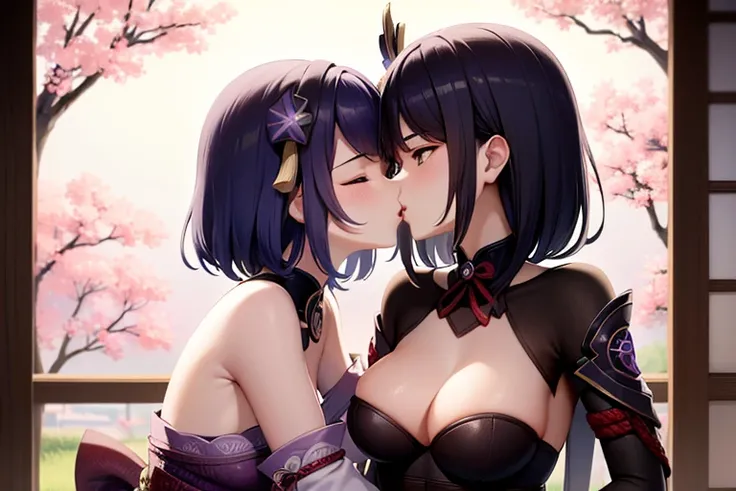 (masterpiece, best quality), 2girls, kissing, kiss, yuri, hugging each other, (upper body:1.3), closed eyes, (naked:1.2), standing, window, cherry blossoms background, sakura, windy, blush, embarrassed, BREAK kujousaradef, kujousararnd, BREAK raidenshogund...